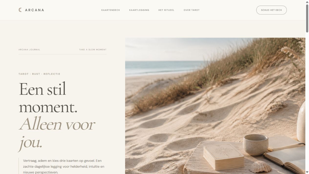 De werkende homepage en kaartbeleving van Tarot Blueprint